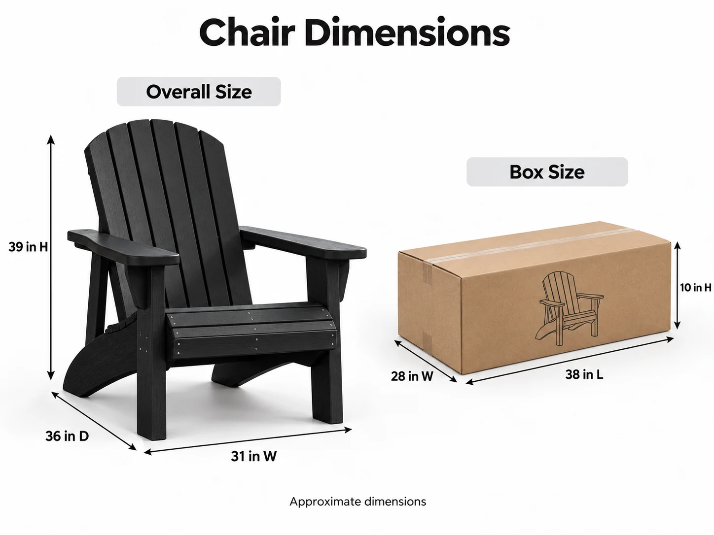 Dimension drawing of the Classic Muskoka Chair: 31 inches wide, 36 inches deep, 39 inches high