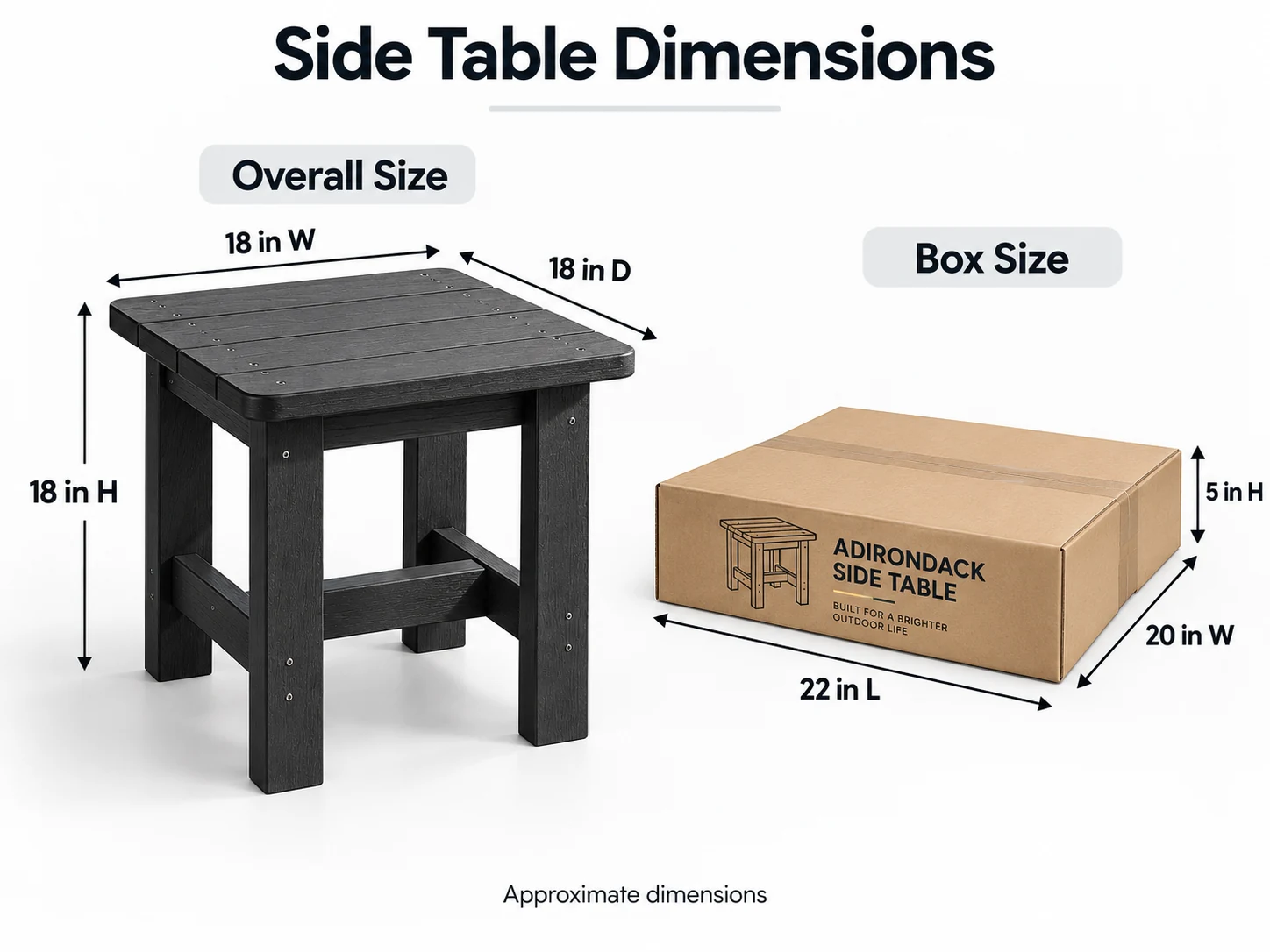 Dimension drawing of the Muskoka Side Table: 18 inches wide, 18 inches deep, 18 inches high