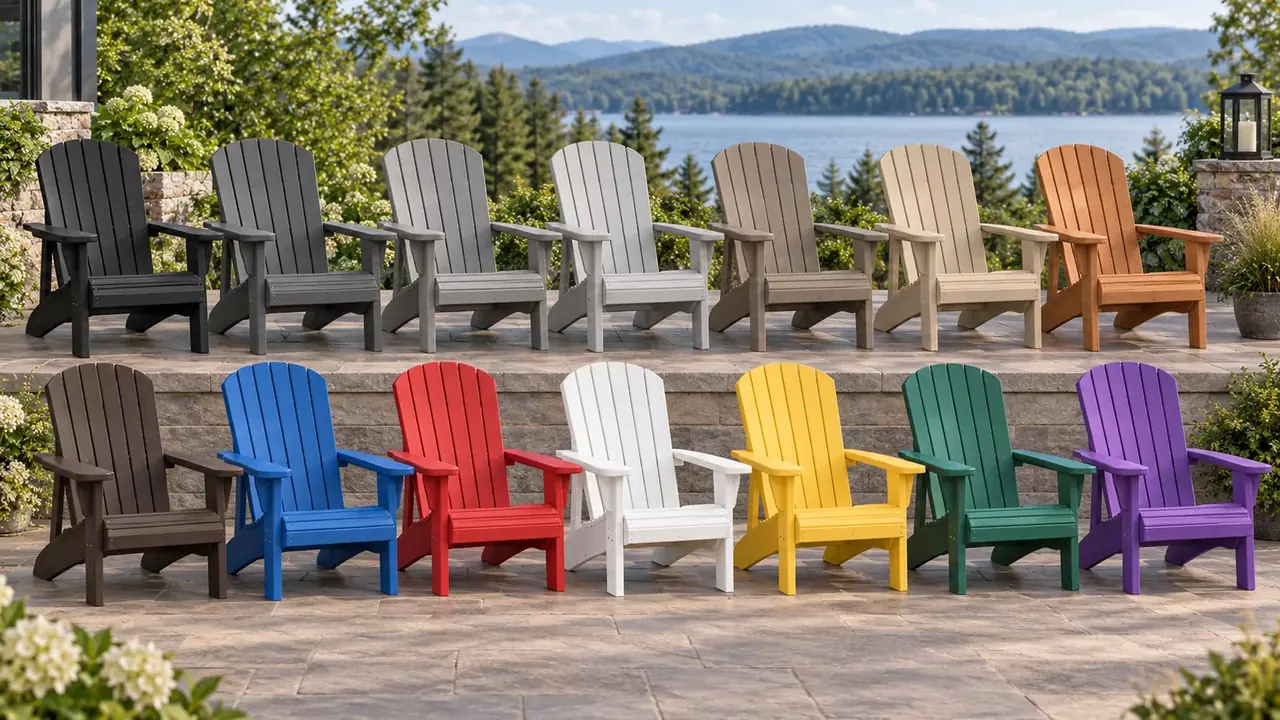The full lineup of Greens.ly Muskoka chair colours by a lake