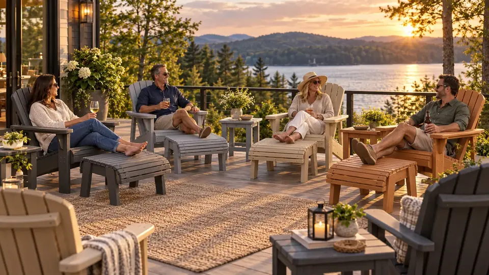 A group of Muskoka chairs on a cottage deck at sunset