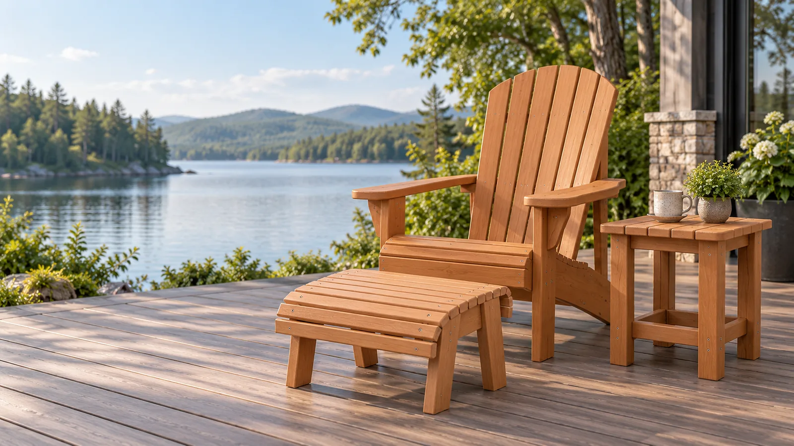 Greens.ly Classic Muskoka Chair in Cedar on a lakeside dock at golden hour