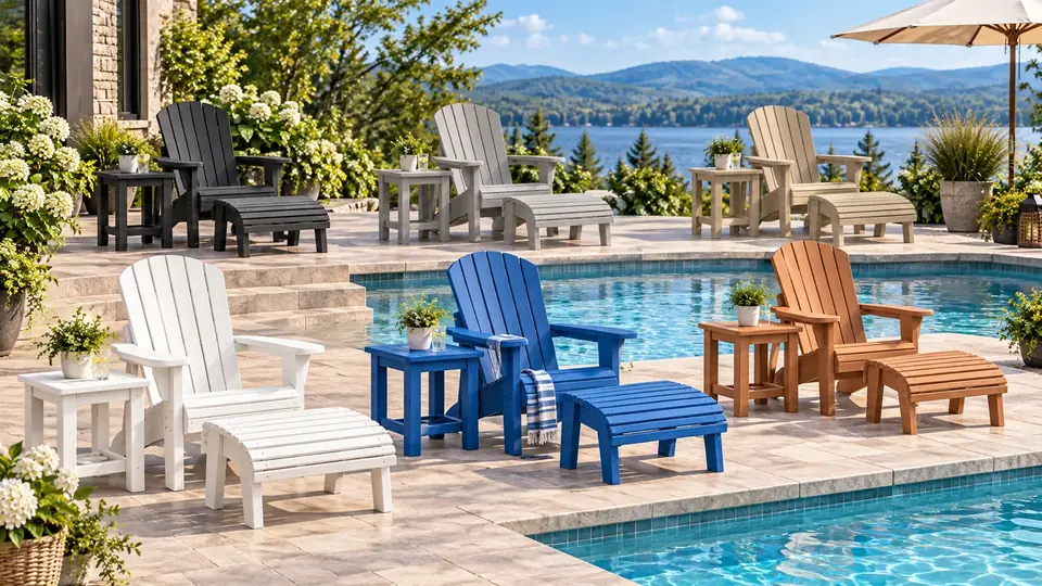 Muskoka chairs in six colours around a pool
