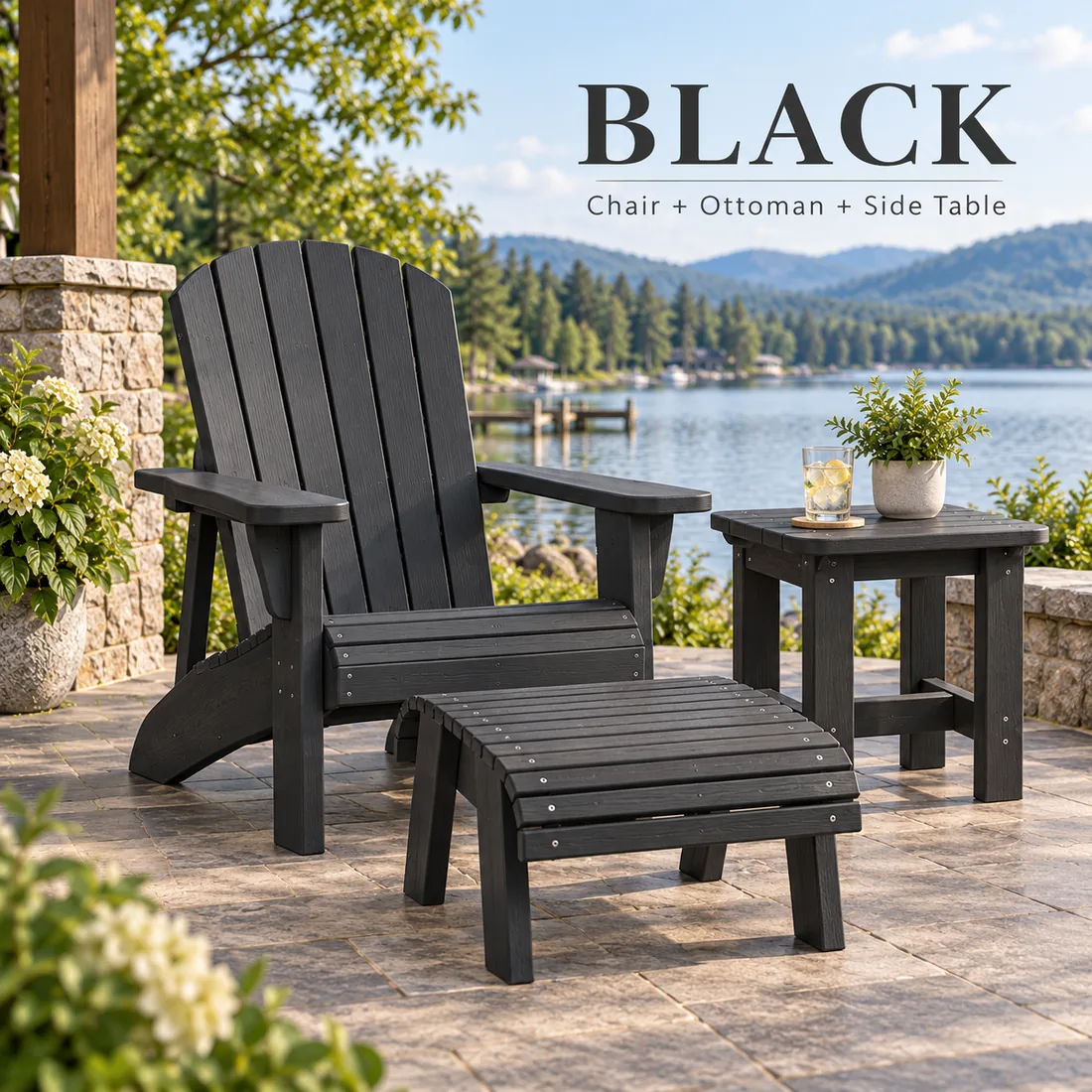 The Classic Muskoka Chair, ottoman and side table in Black