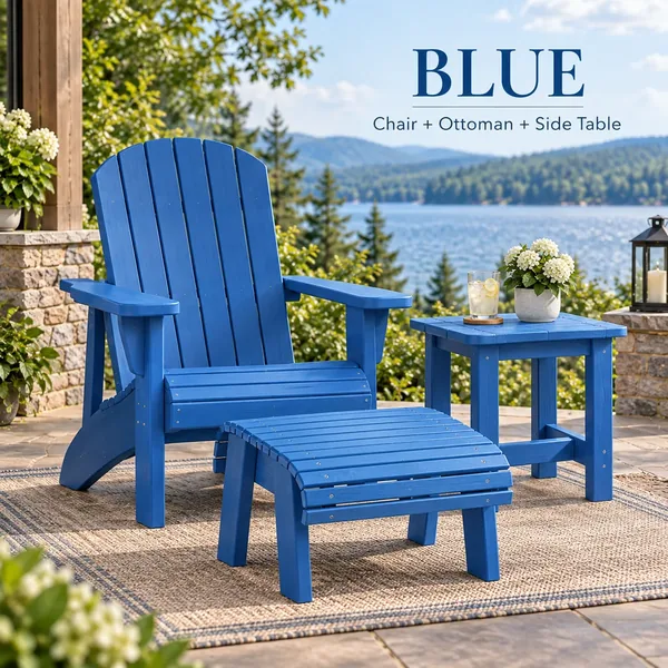 Muskoka chair, ottoman and side table in Blue
