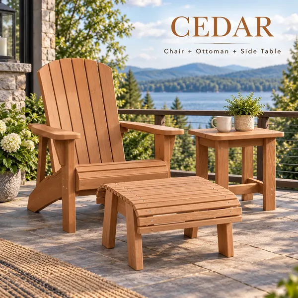 Classic Muskoka Chair, ottoman and side table in Cedar