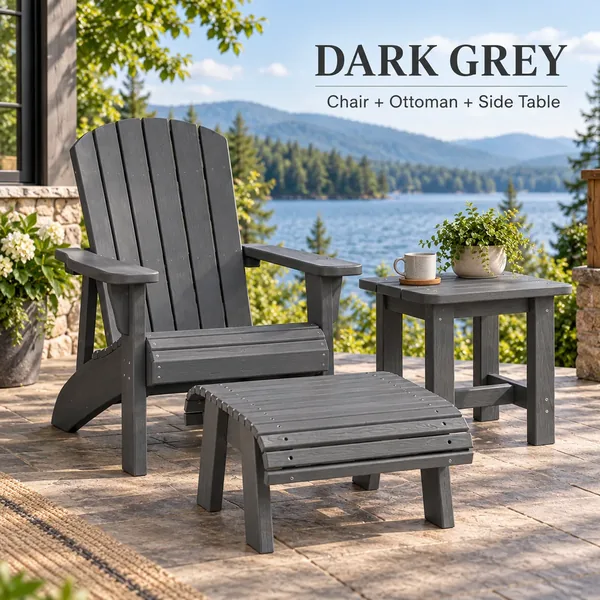 Classic Muskoka Chair, ottoman and side table in Dark Grey