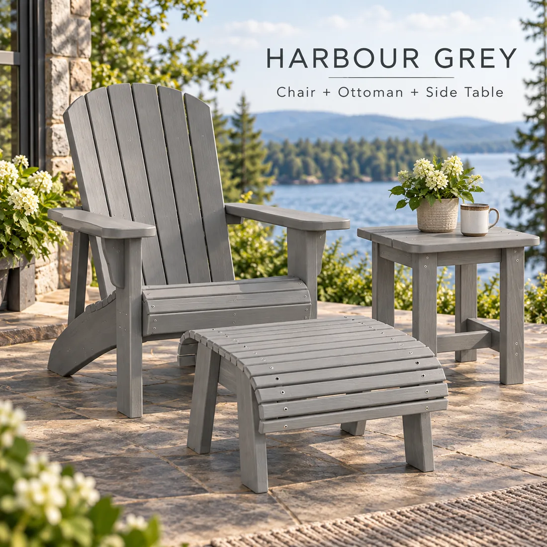 The Classic Muskoka Chair, ottoman and side table in Harbour Grey