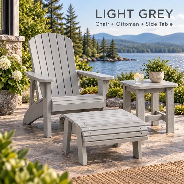 Muskoka chair, ottoman and side table in Light Grey