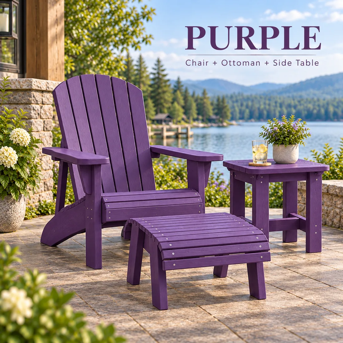 The Classic Muskoka Chair, ottoman and side table in Purple