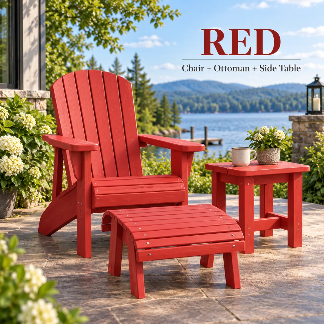 The Classic Muskoka Chair, ottoman and side table in Red