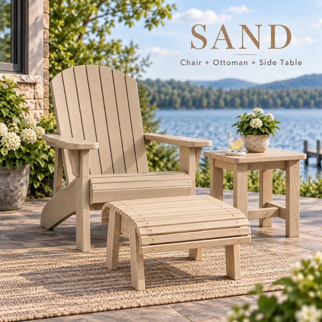 The Classic Muskoka Chair, ottoman and side table in Sand