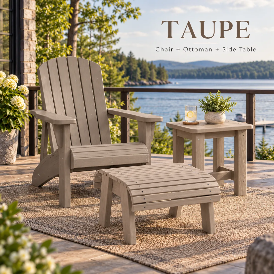 The Classic Muskoka Chair, ottoman and side table in Taupe