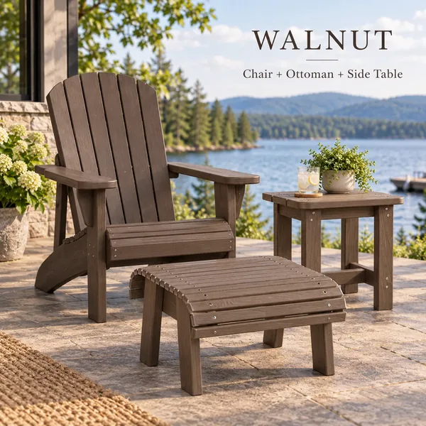 Muskoka chair, ottoman and side table in Walnut