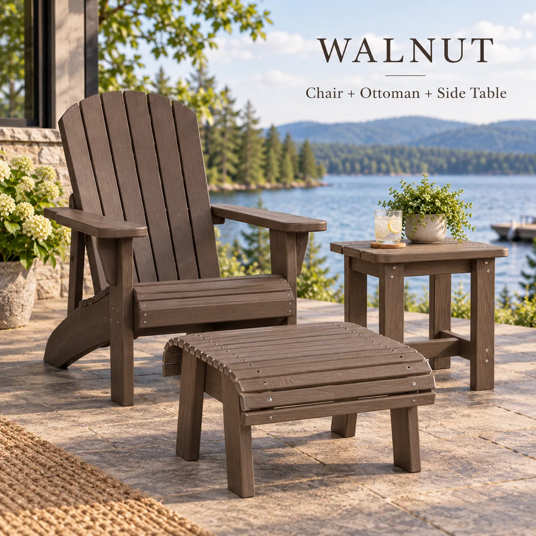 The Classic Muskoka Chair, ottoman and side table in Walnut