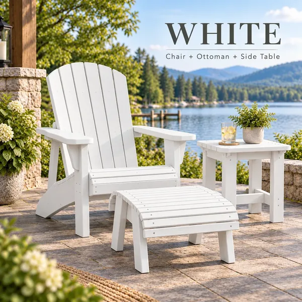 Classic Muskoka Chair, ottoman and side table in White
