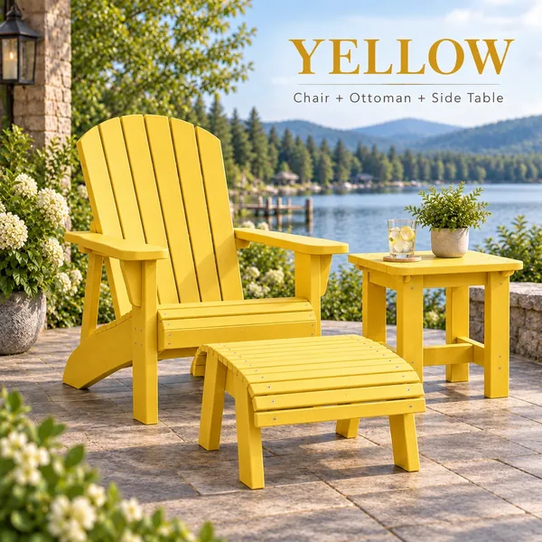 Muskoka chair, ottoman and side table in Yellow