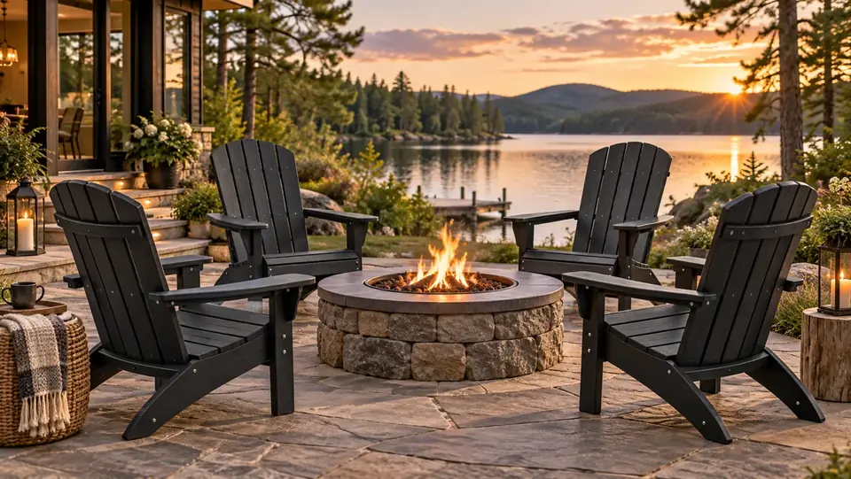 Four black Muskoka chairs around a fire pit