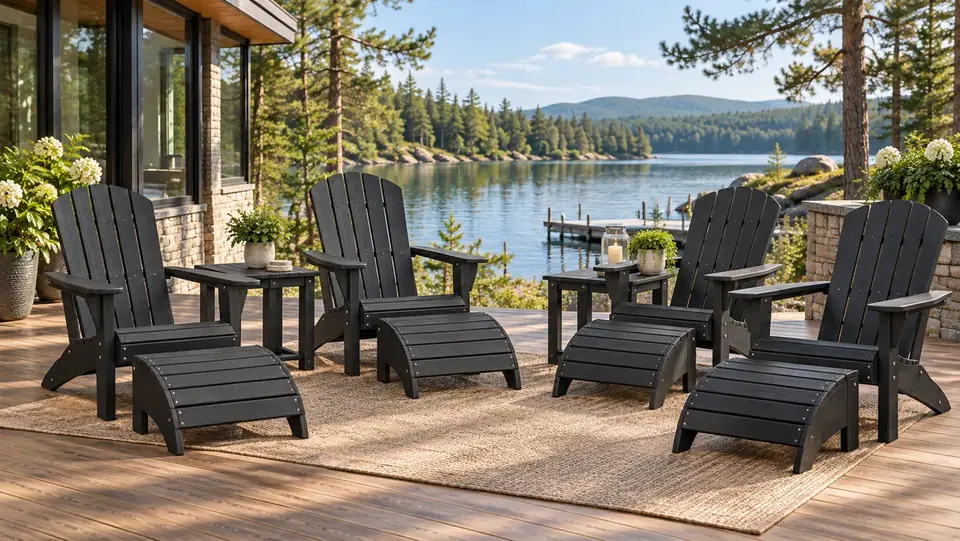 A full patio set of black Muskoka chairs, ottomans and side tables