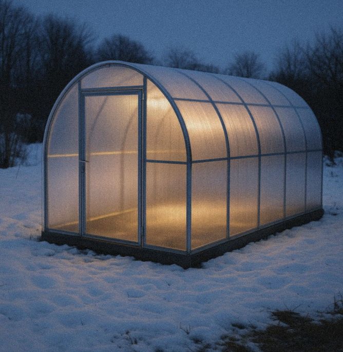 Snow-covered greenhouse in winter