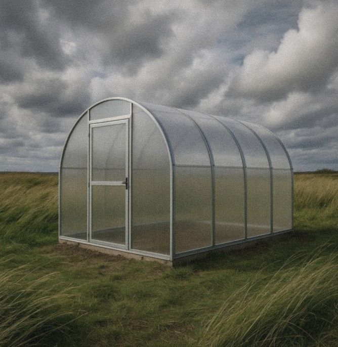 Greenhouse on a gravel pad with doors open