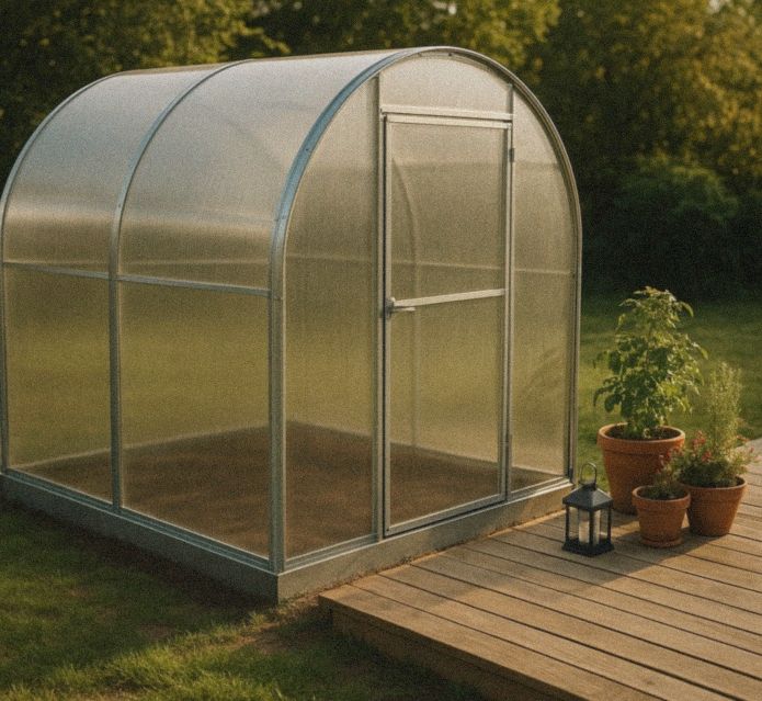 Greenhouse beside a wooden deck