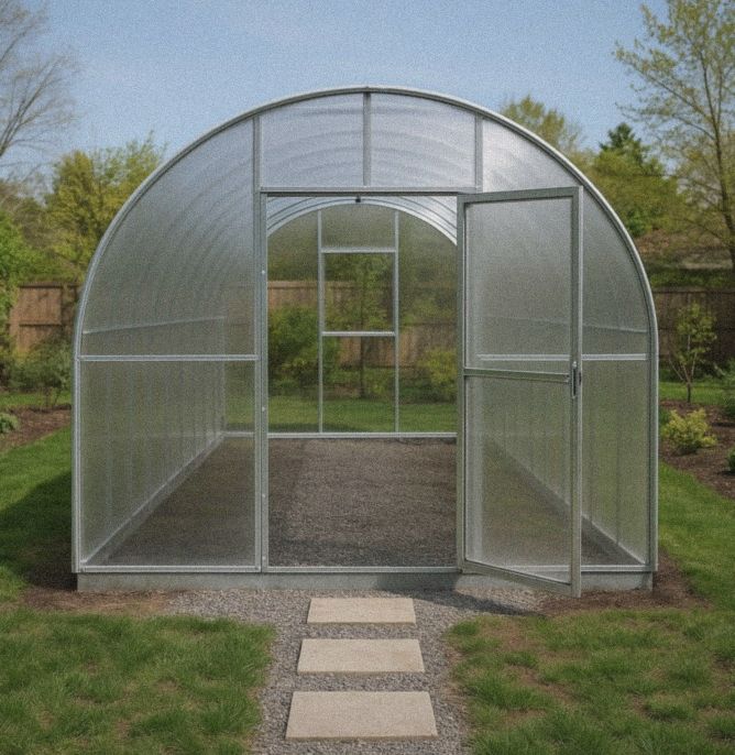 Arch Pro greenhouse with doors open on a gravel pad