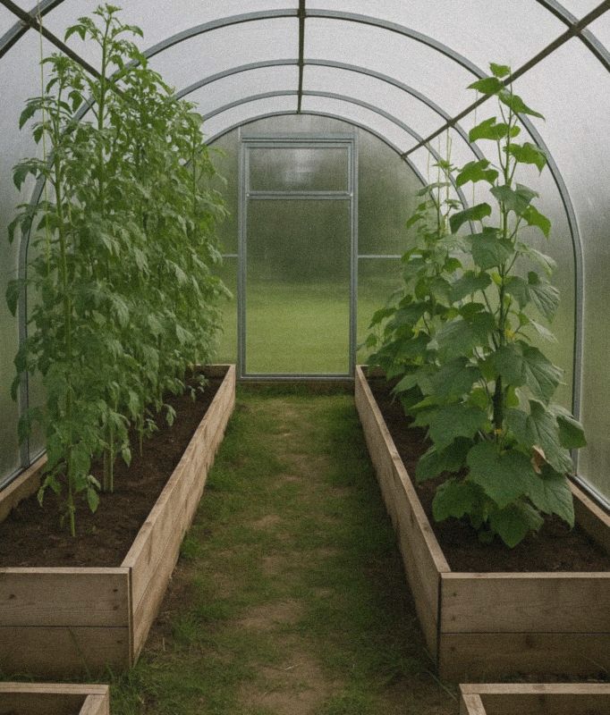 Inside the greenhouse — tall vines down the center aisle