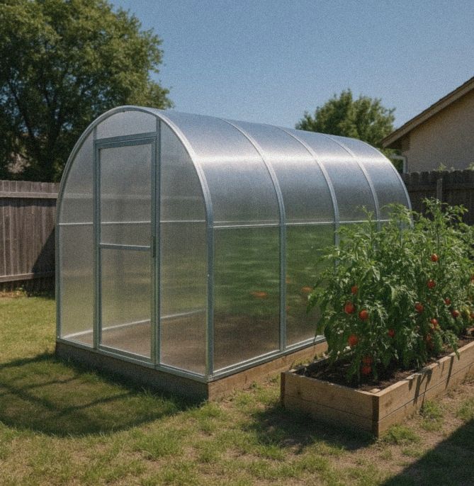 Greenhouse in a hot dry field with tomato plants