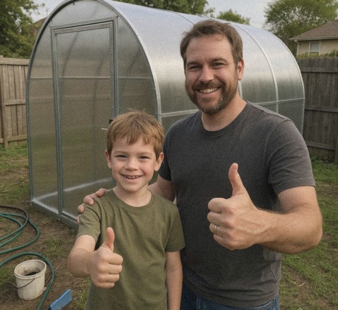 Father and son giving thumbs up in front of their greenhouse