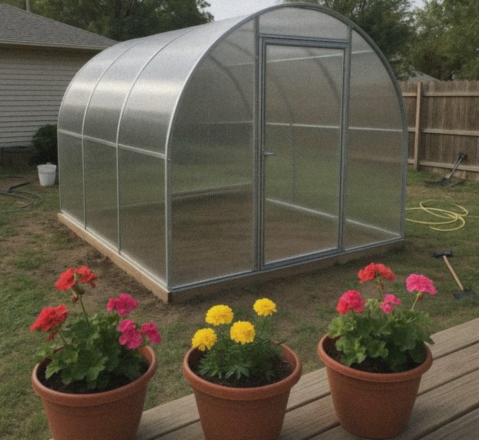 Greenhouse beside a wooden deck