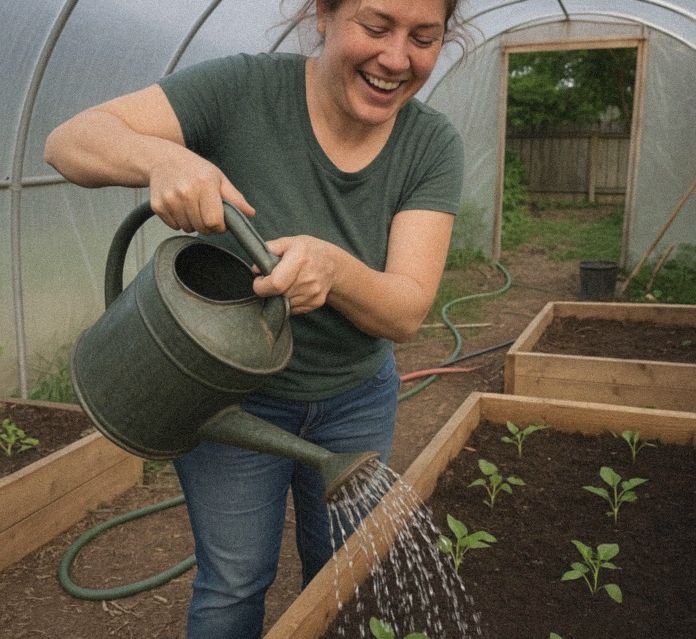 Owner watering raised beds inside the greenhouse