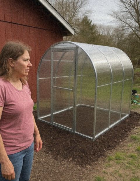 Greenhouse installed by a red barn