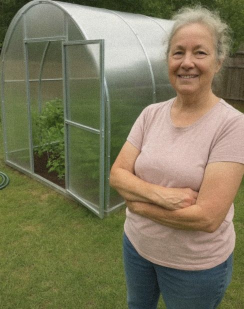 Owner standing by her greenhouse