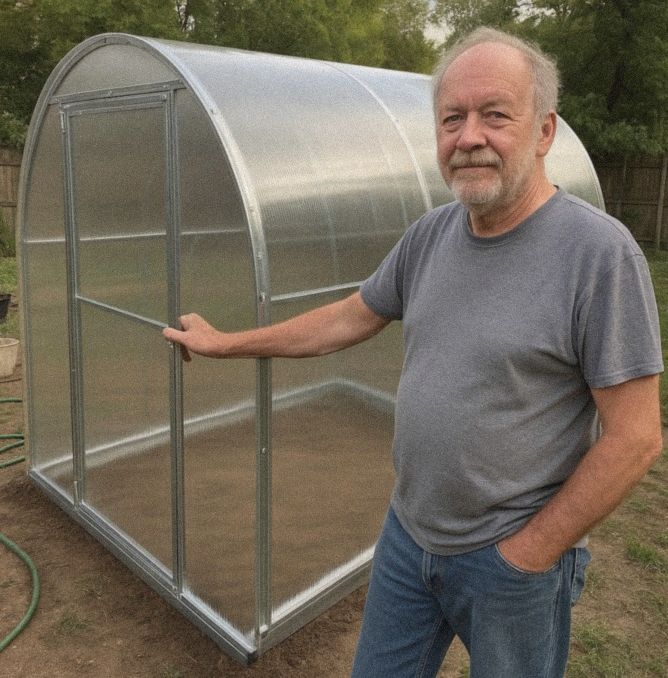Owner beside his assembled greenhouse