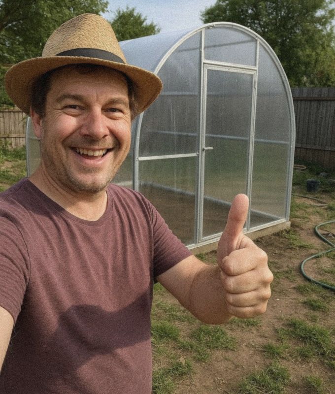 Owner giving thumbs up in front of newly built greenhouse