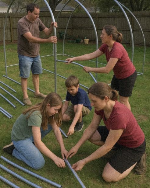 Family inside the greenhouse frame during assembly