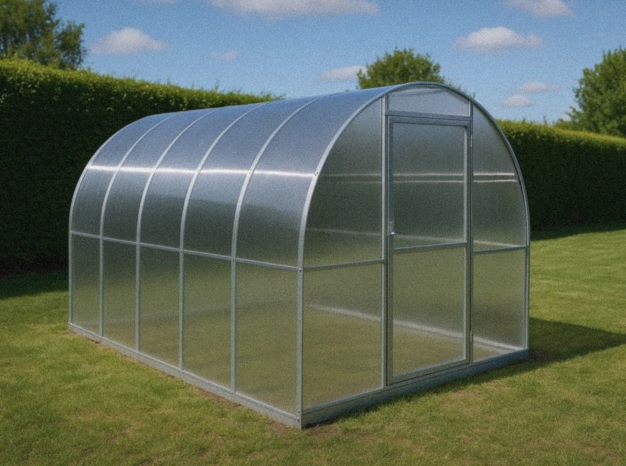Arch Pro polycarbonate greenhouse on a lawn