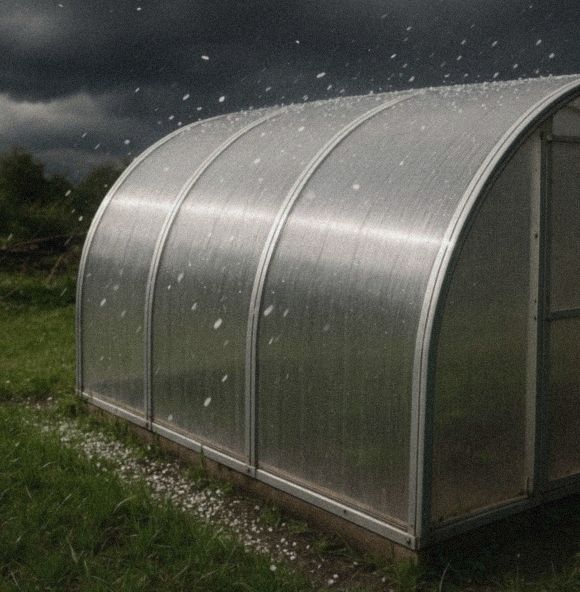 Durability demonstration — object thrown at the greenhouse wall